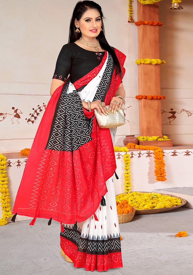 White Printed Cotton Saree Set