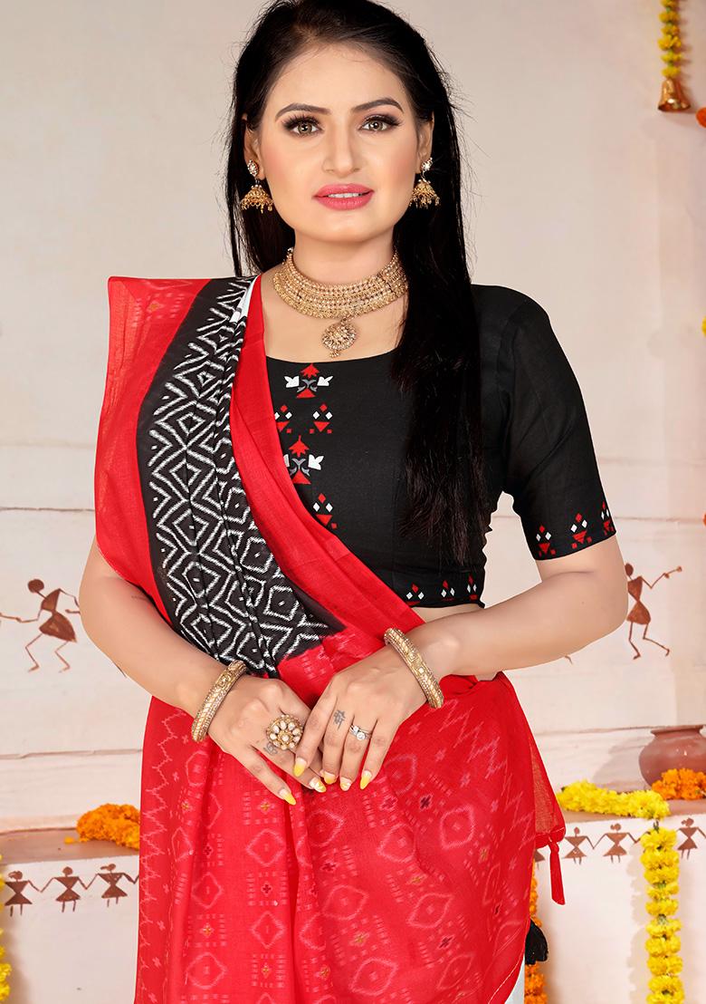 White Printed Cotton Saree Set