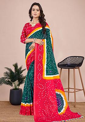 Dark Green Printed Cotton Saree Set