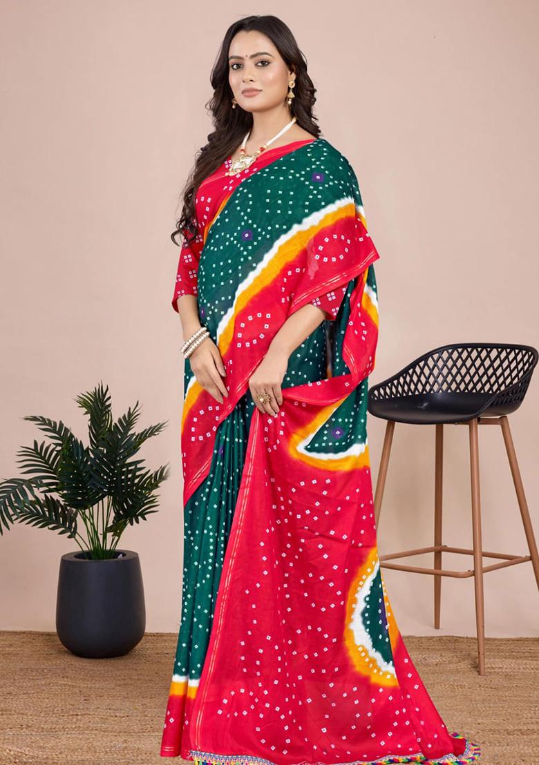Dark Green Printed Cotton Saree Set