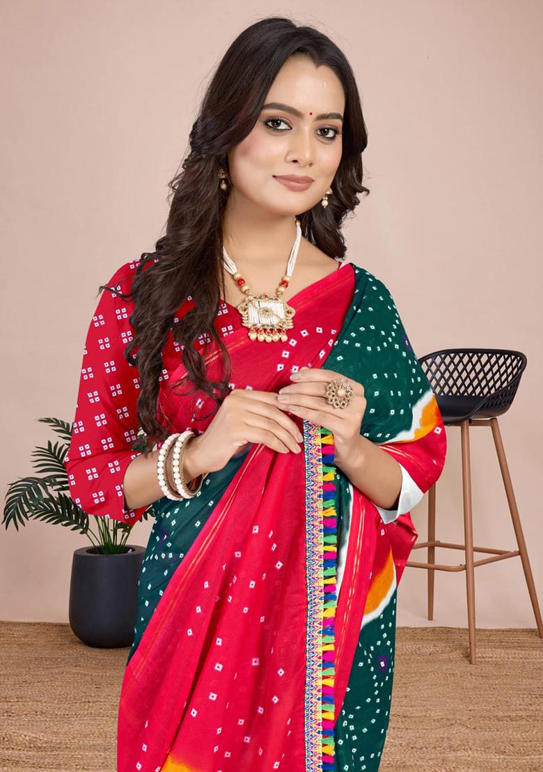 Dark Green Printed Cotton Saree Set