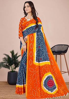 Dark Grey Printed Cotton Saree Set