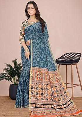 Blue Printed Cotton Saree Set