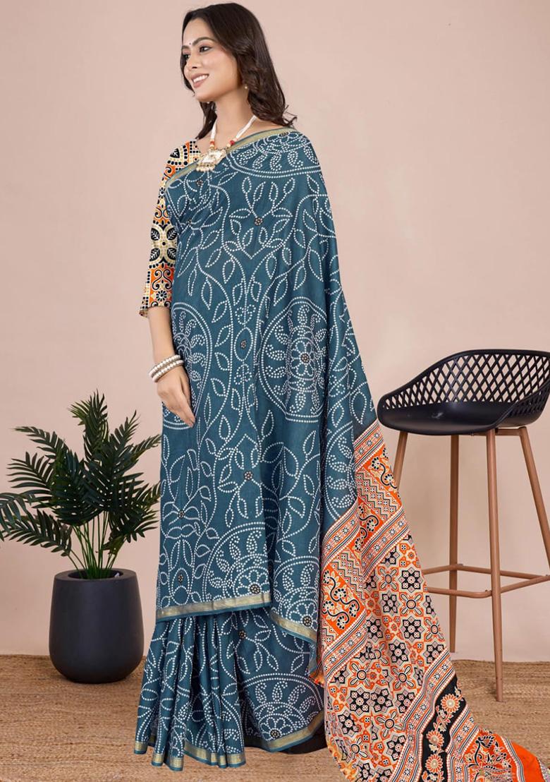 Blue Printed Cotton Saree Set