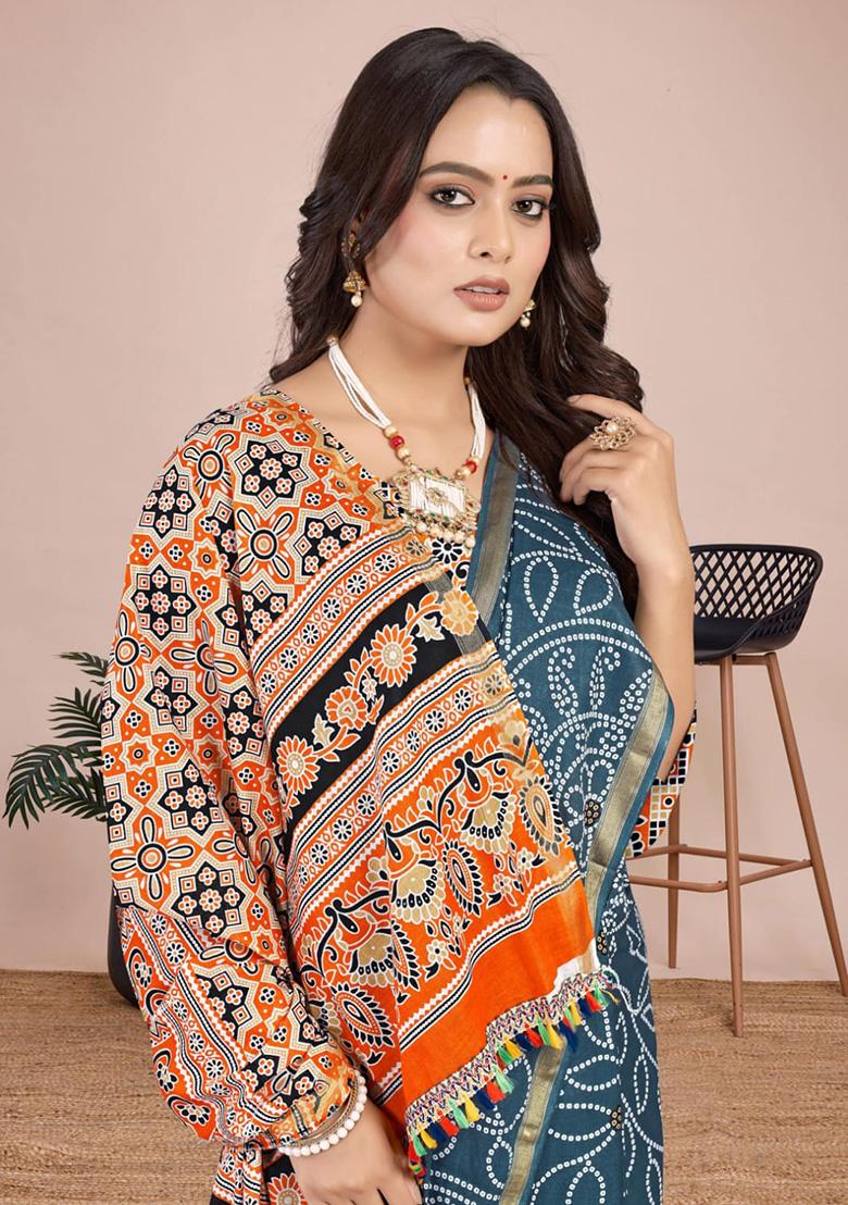 Blue Printed Cotton Saree Set