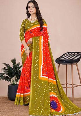 Red Printed Cotton Saree Set