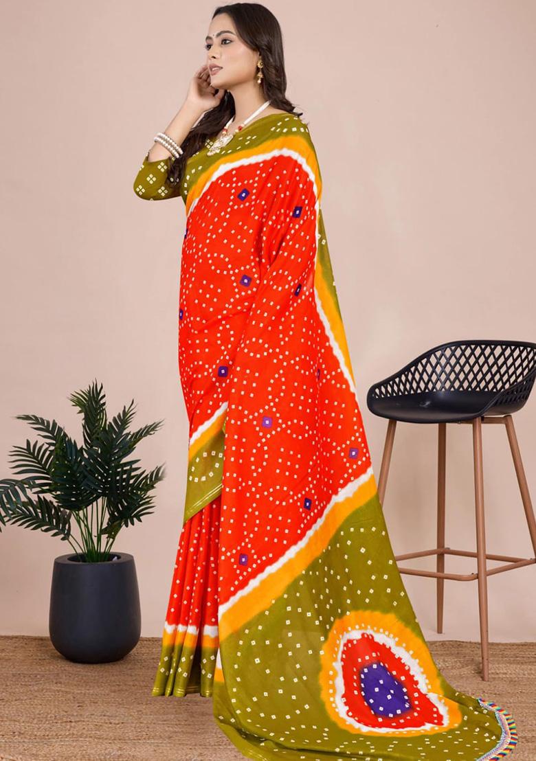 Red Printed Cotton Saree Set