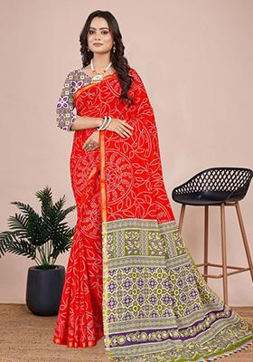 Red Printed Cotton Saree Set