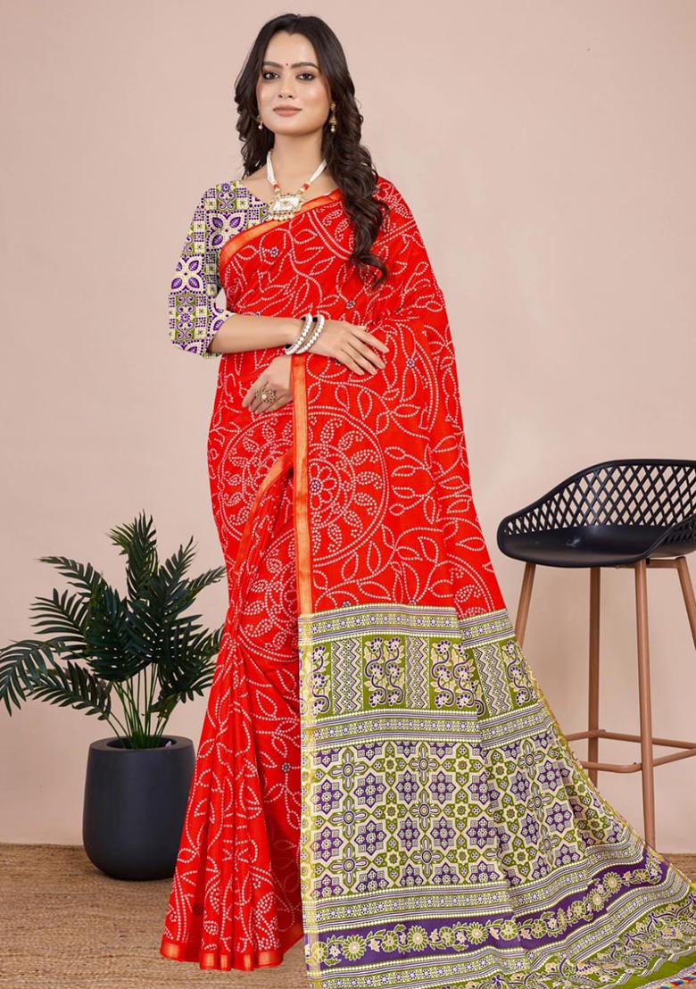 Red Printed Cotton Saree Set