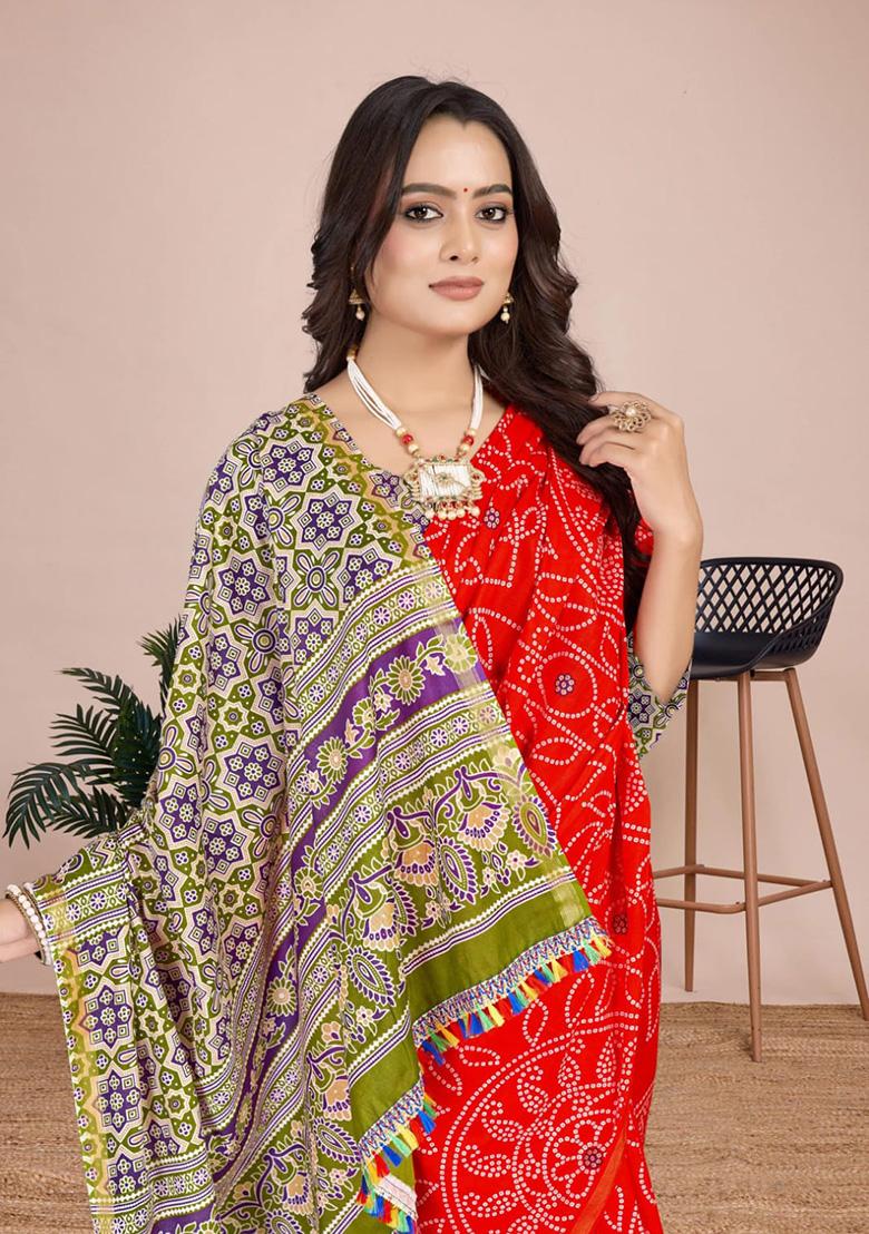 Red Printed Cotton Saree Set