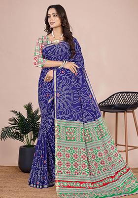Violet Printed Cotton Saree Set