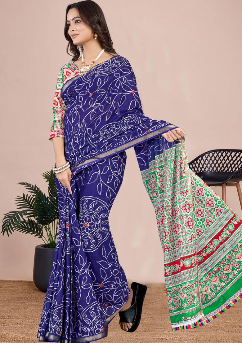 Violet Printed Cotton Saree Set