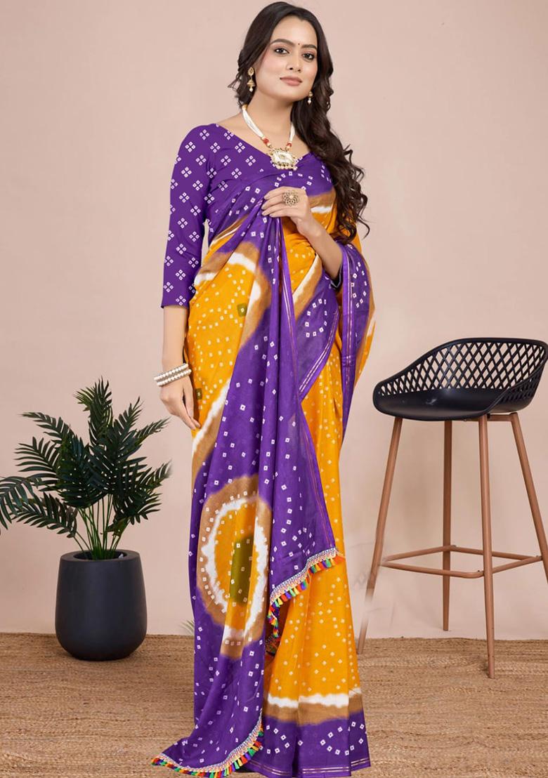 Yellow Printed Cotton Saree Set