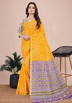 Yellow Printed Cotton Saree Set