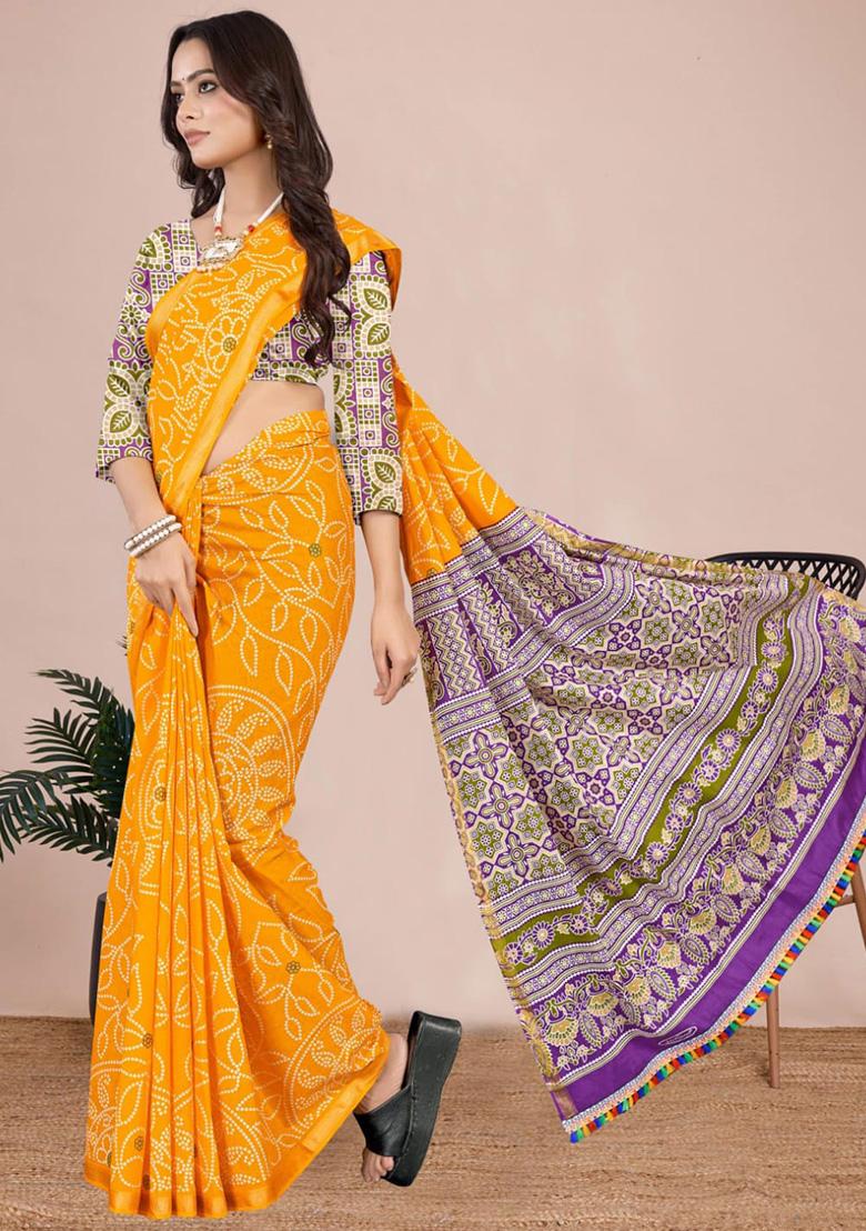 Yellow Printed Cotton Saree Set