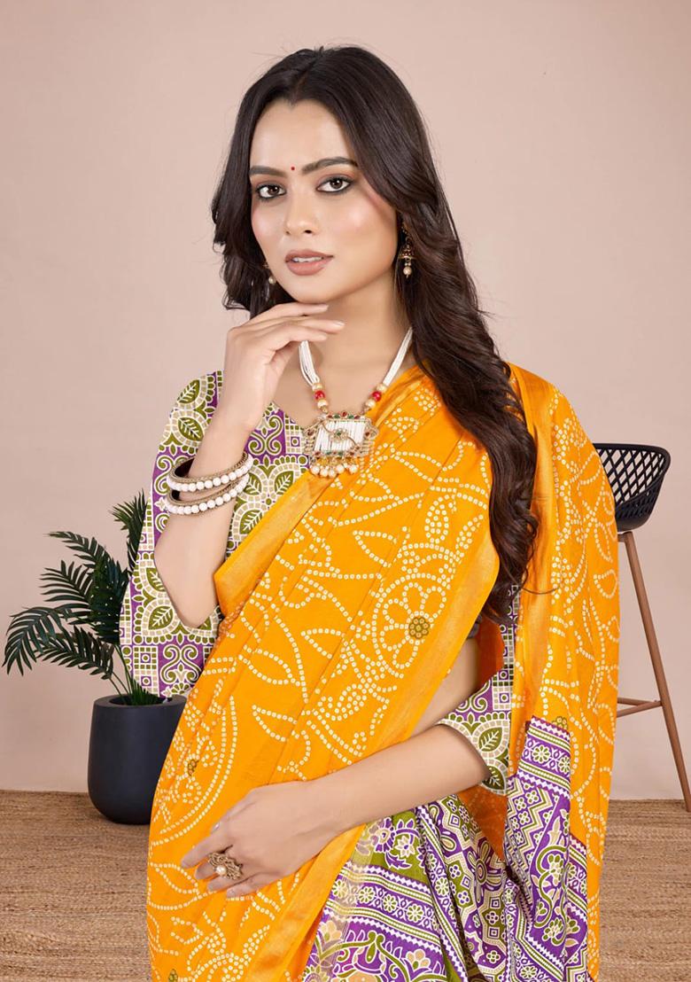 Yellow Printed Cotton Saree Set