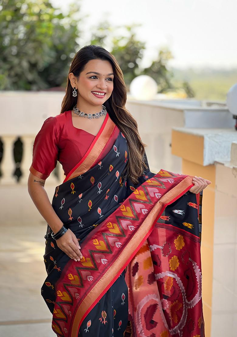 Black Weaving Silk Saree Set