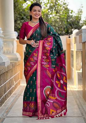 Dark Green Weaving Silk Saree Set