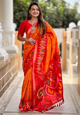 Orange Weaving Silk Saree Set