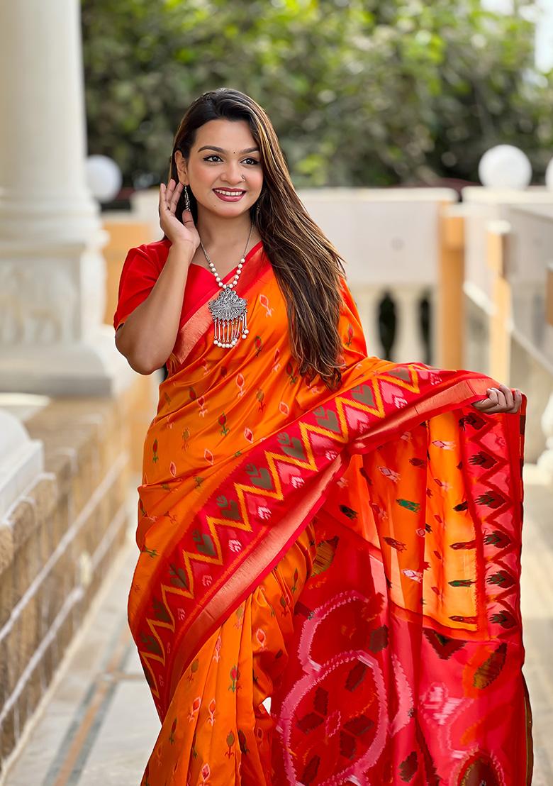 Orange Weaving Silk Saree Set