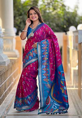 Rani Pink Weaving Silk Saree Set