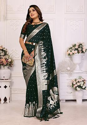 Dark Green Weaving Silk Saree Set
