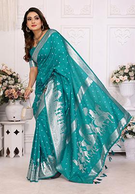 Teal Green Weaving Silk Saree Set