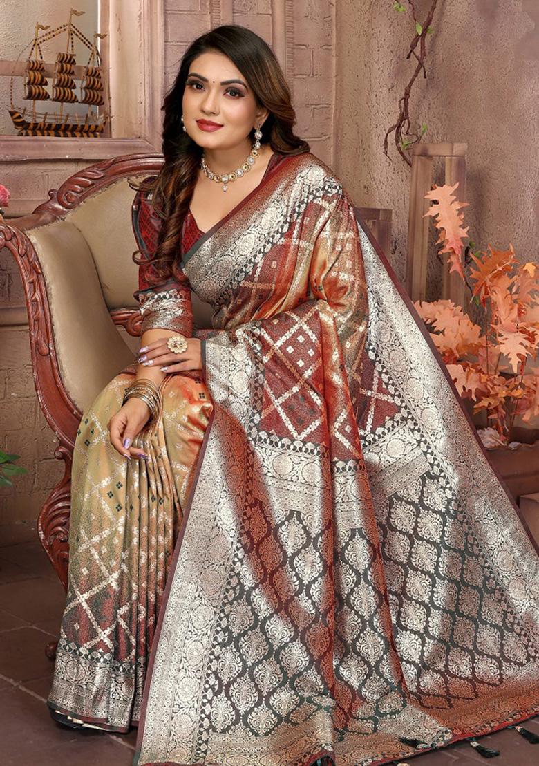 Light Beige Weaving Silk Saree Set