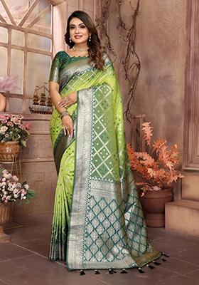 Lime Green Weaving Silk Saree Set