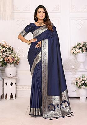 Navy Blue Weaving Silk Saree Set