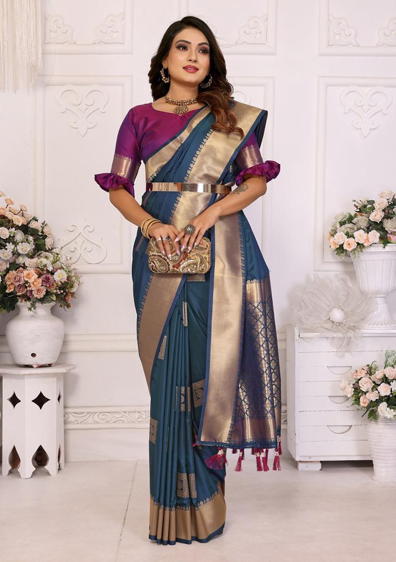 Teal Blue Weaving Silk Saree Set