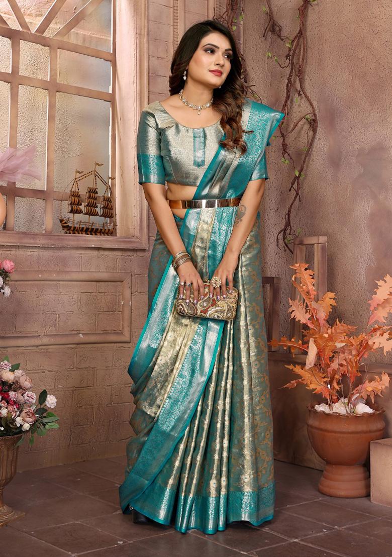 Teal Weaving Tissue Saree Set