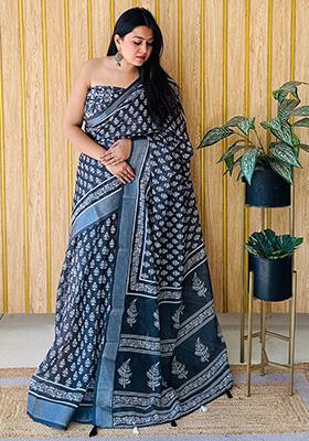 Black Printed Linen Saree Set