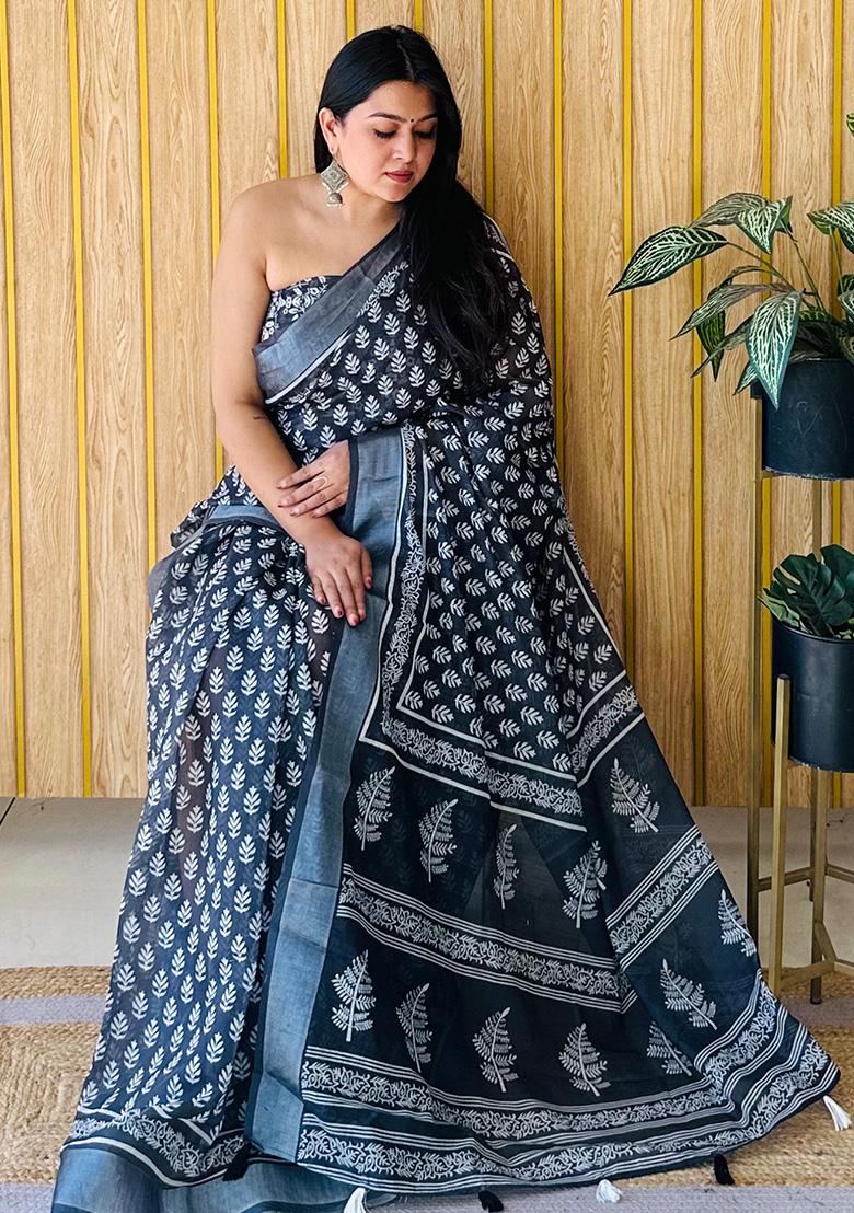 Black Printed Linen Saree Set