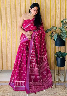 Dark Pink Printed Linen Saree Set