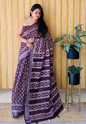 Purple Printed Linen Saree Set