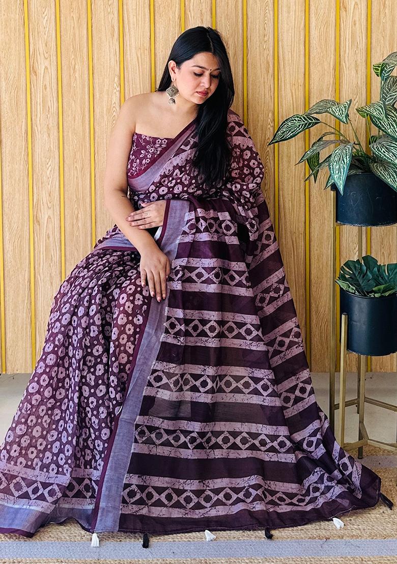 Purple Printed Linen Saree Set