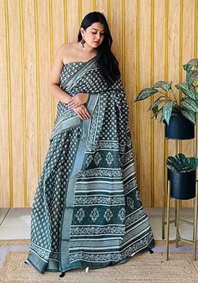 Green Printed Linen Saree Set
