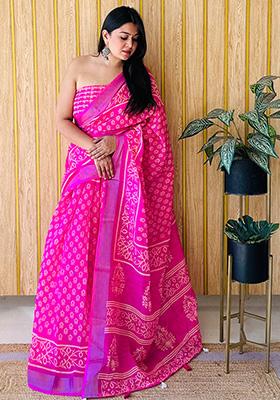 Pink Printed Linen Saree Set