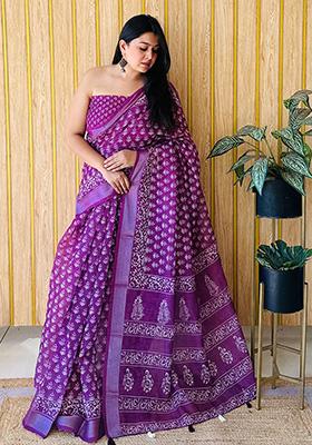 Magenta Printed Linen Saree Set