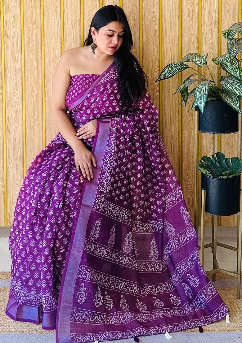 Magenta Printed Linen Saree Set