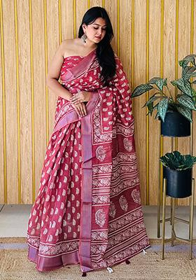 Maroon Printed Linen Saree Set