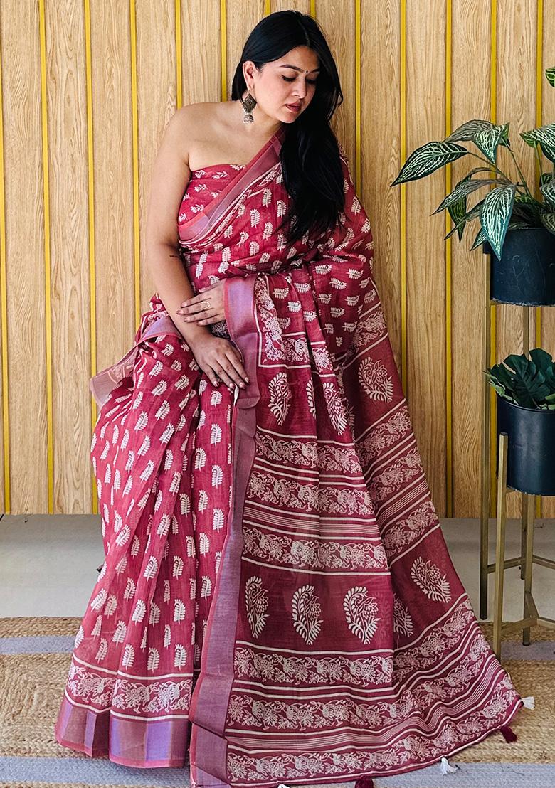 Maroon Printed Linen Saree Set