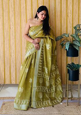 Olive Green Printed Linen Saree Set
