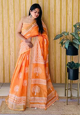 Orange Printed Linen Saree Set