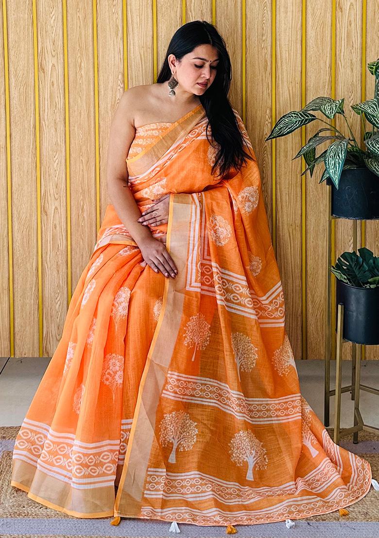 Orange Printed Linen Saree Set