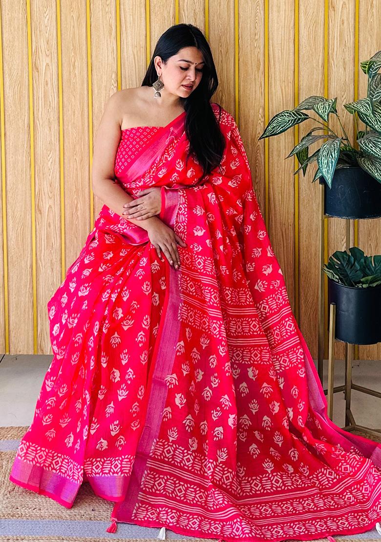 Rani Pink  Printed Linen Saree Set