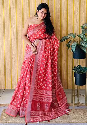 Red Printed Linen Saree Set