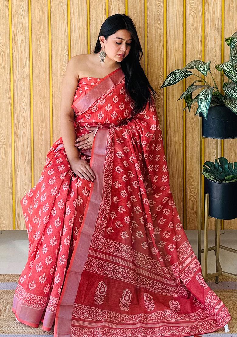Red Printed Linen Saree Set