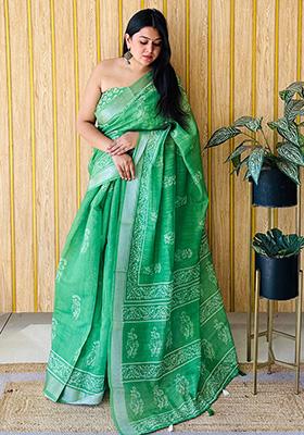 Sea Green Printed Linen Saree Set